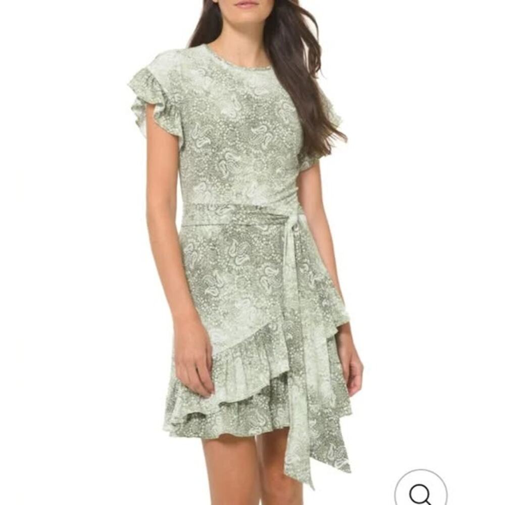 NWT Michael Kors Green Paisley Petal Sleeve Short Faux Wrap Mini Dress